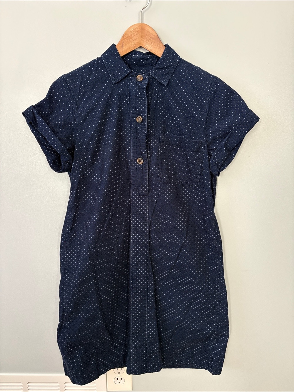 J. Crew Navy Short-Sleeve Corduroy Button-Down Shirt Dress with Microdots